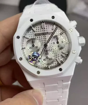 Royal Oak Chrono 26240 White Ceramic APSF 1:1 Best Edition Silver Dial On White Ceramic Bracelet SA4401 Super Clone