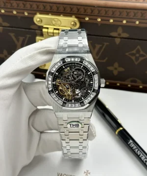 Audemars Piguet Royal Oak Openworked Frosted 15412 Skeleton Dial Bezel Stone Baguette 41mm Super Clone