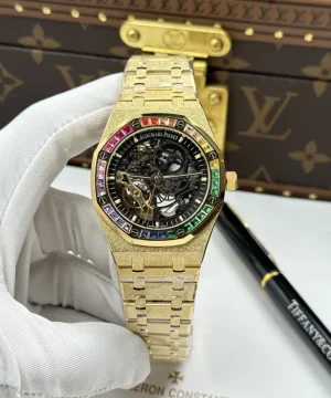 Audemars Piguet Royal Oak Openworked Frosted 15412 Case Yellow Bezel Stone Baguette 41mm