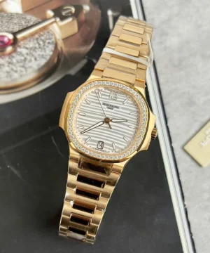Patek Philippe Nautilus 7118 White Dial Bezel Moissanite Diamonds 35.2mm
